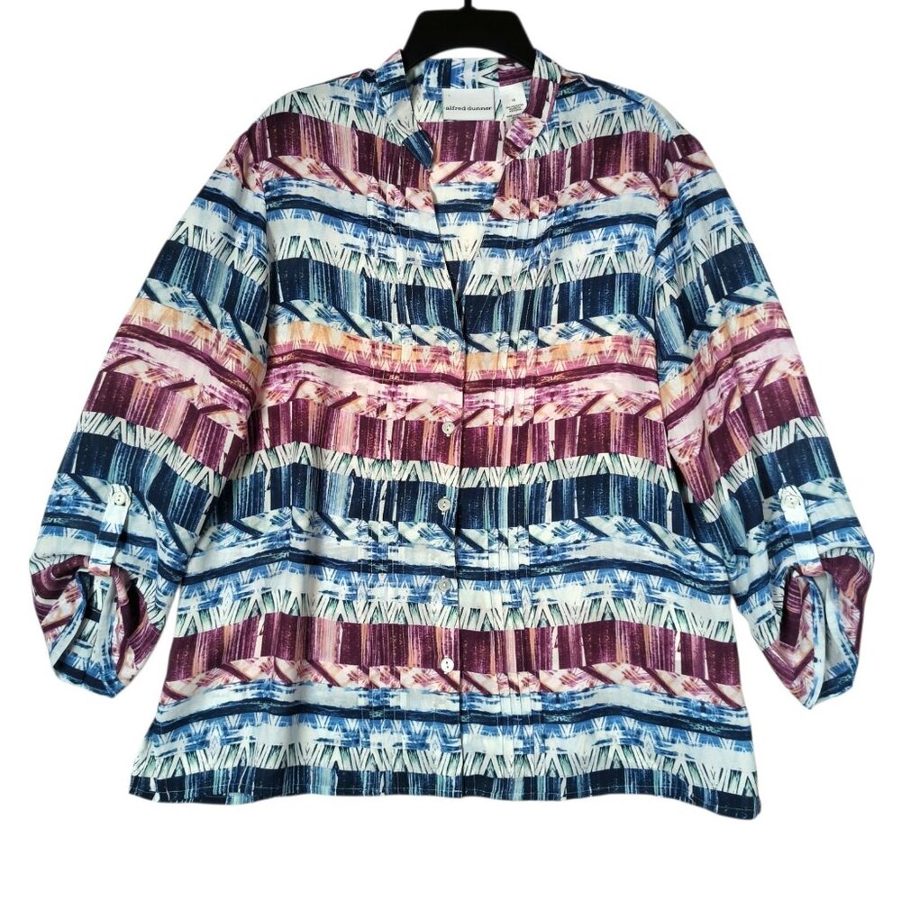 Alfred Dunner Woman Blouse Shirt Size 12 Geometric Roll Tab Sleeve Lightweight